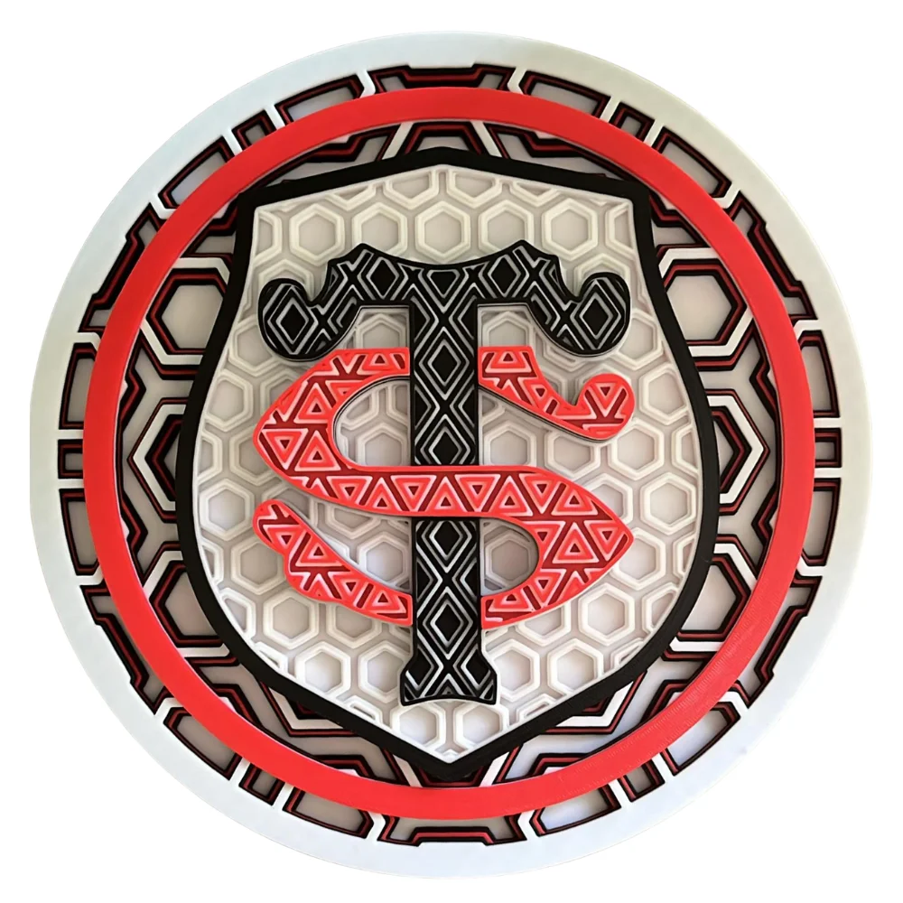 Round wall decoration in Stade Toulousain colours, 3D printed in red, black and white PLA